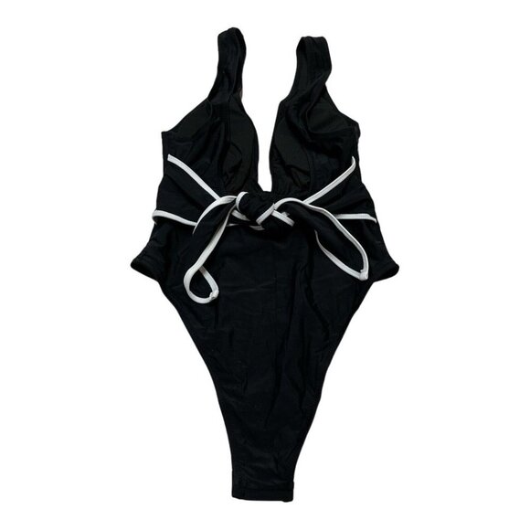 Hilinker‎ Womens S One Piece Bathing Swim Suit Front Tie Bow Black Deep V Neck - Picture 4 of 8